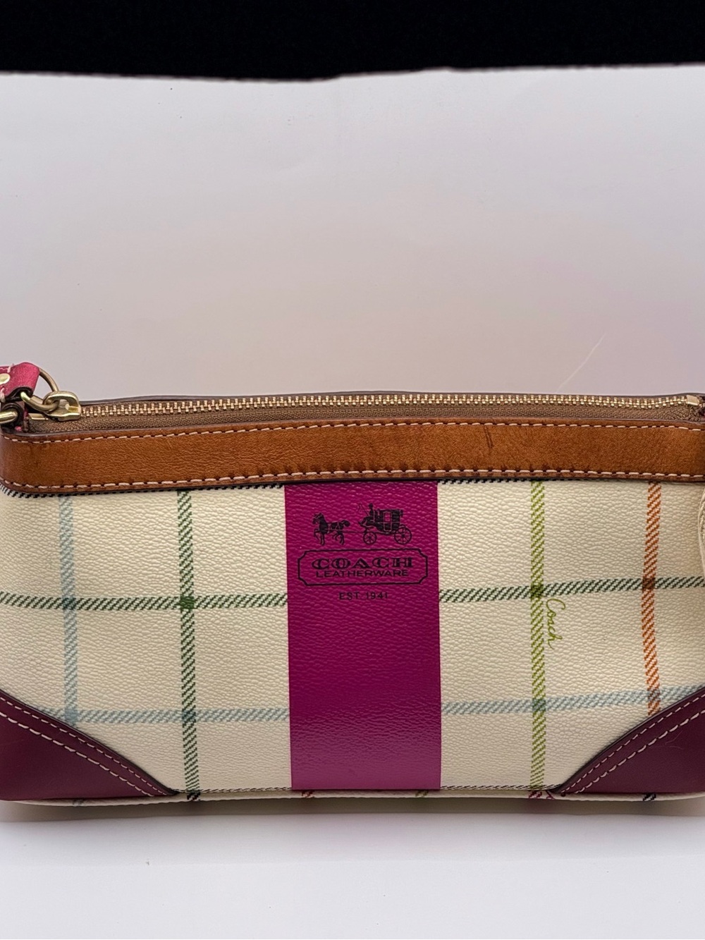 COACH Cream Heritage Stripe Tattersall Demi Shoulder Bag